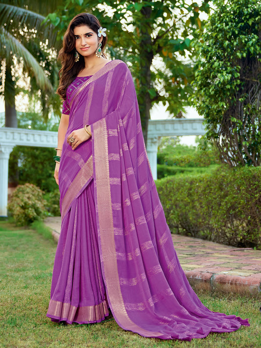 Woman wearing lavender georgette saree with striped pattern design and lavender blouse