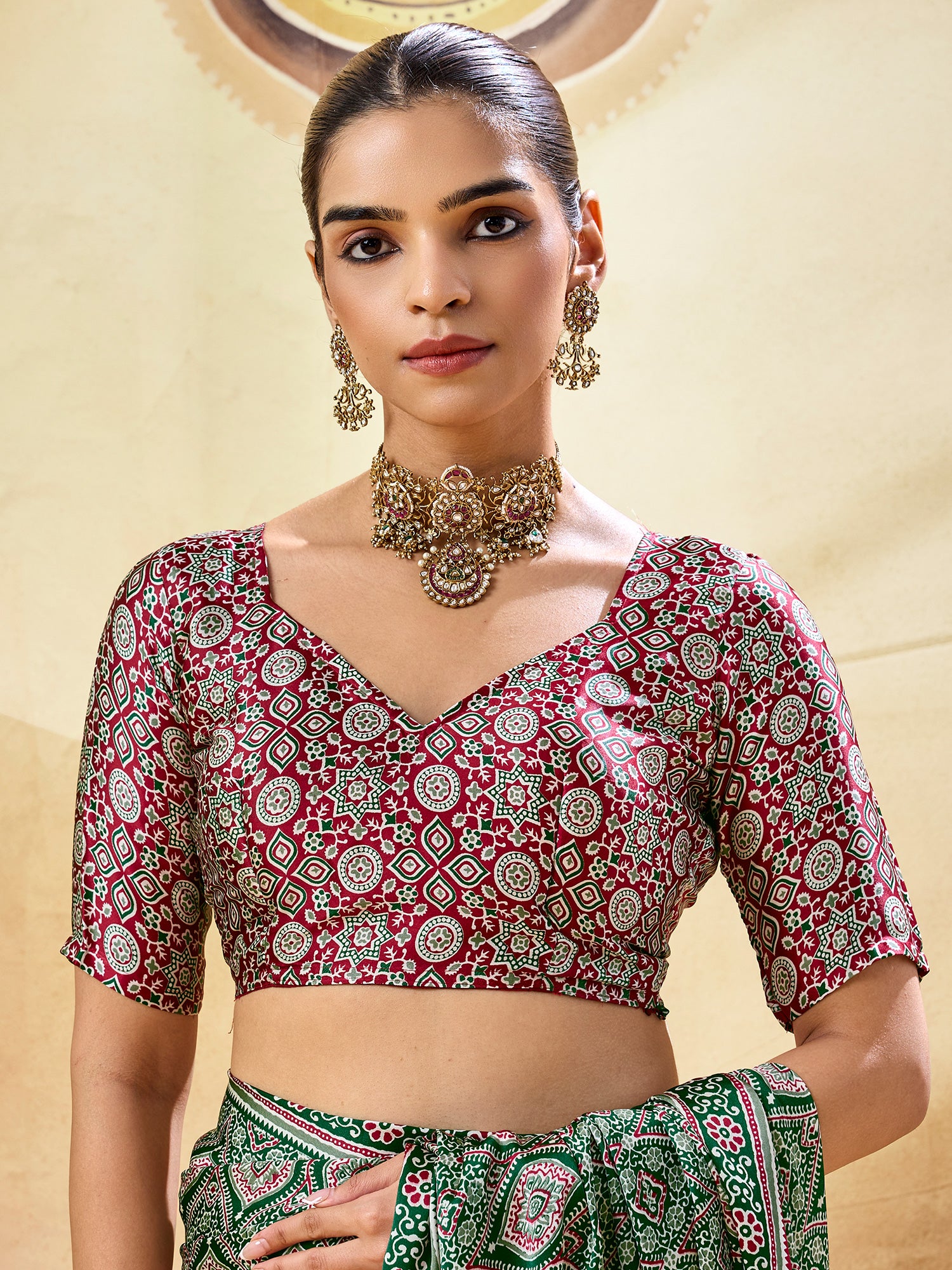 Unstitched maroon satin blouse piece with ajrak design