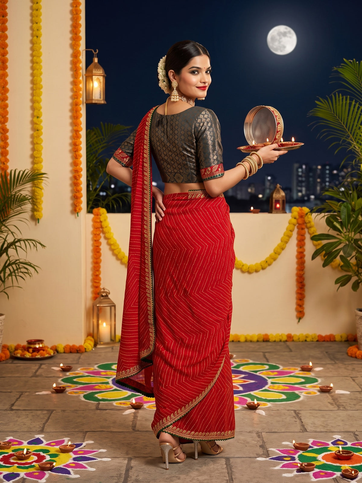 Red Georgette saree – detail view 2