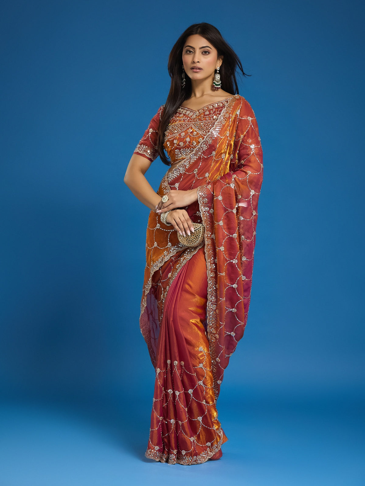 Orange Satin saree – detail view 3