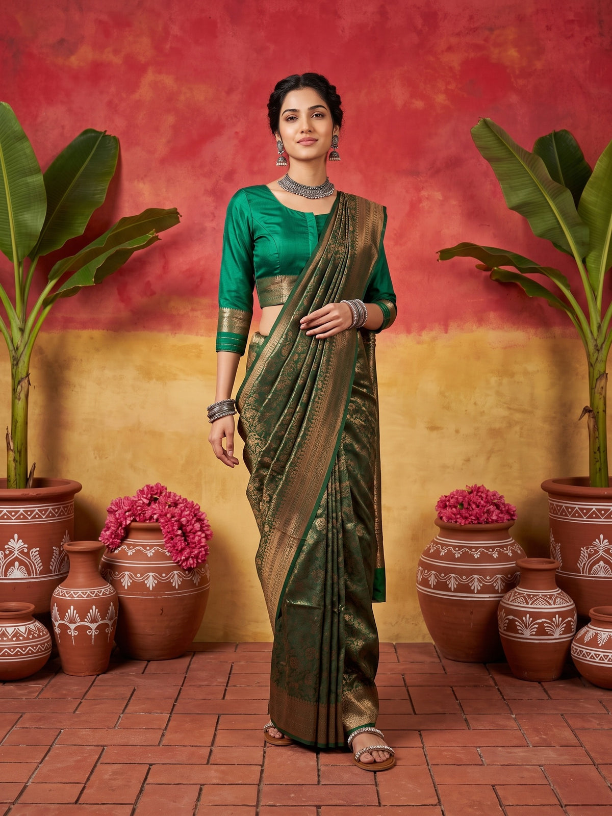 Woman wearing teal green silk blend saree with traditional indian motif work and teal green blouse