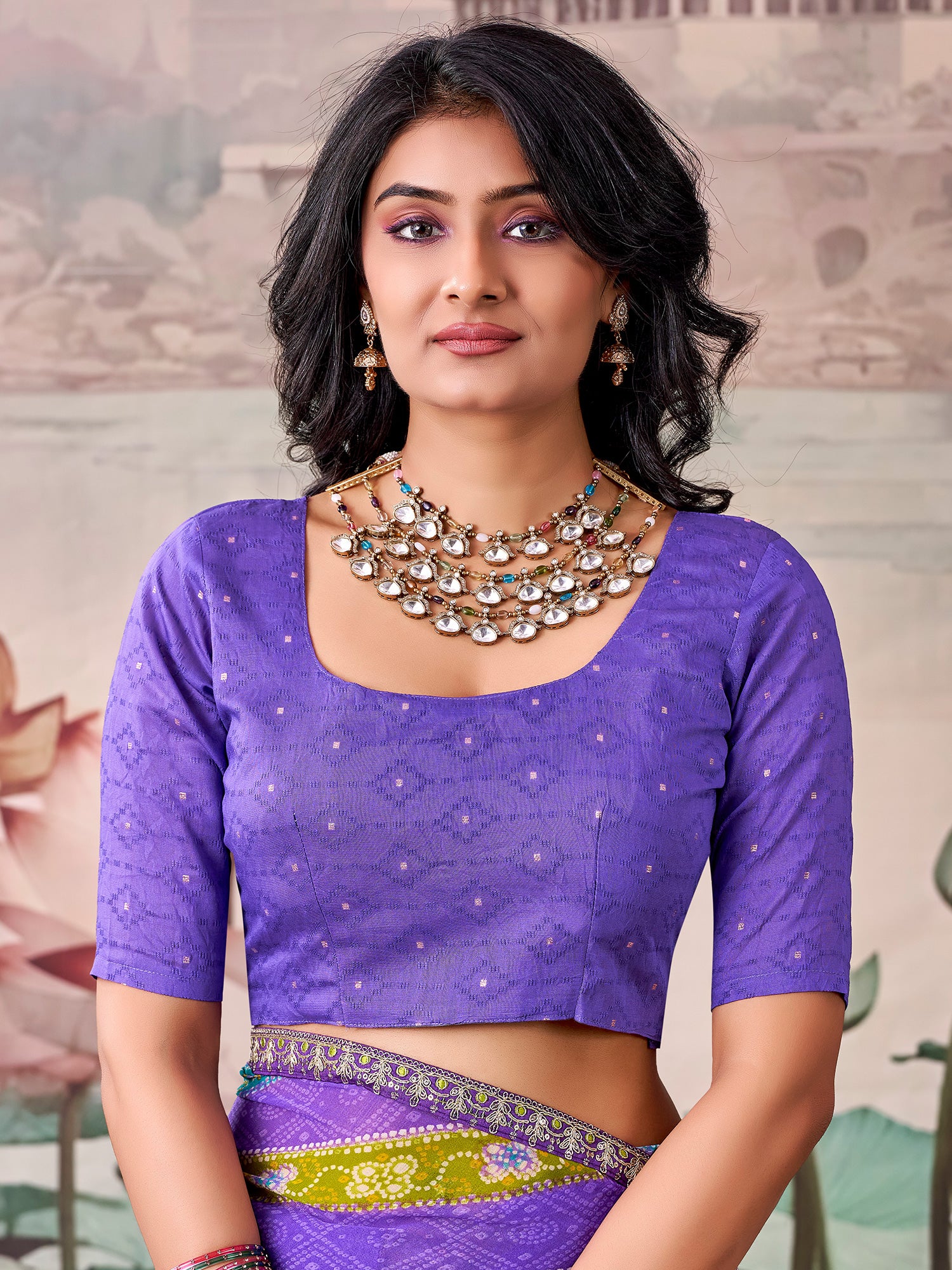 Unstitched violet georgette blouse piece with zari butta design