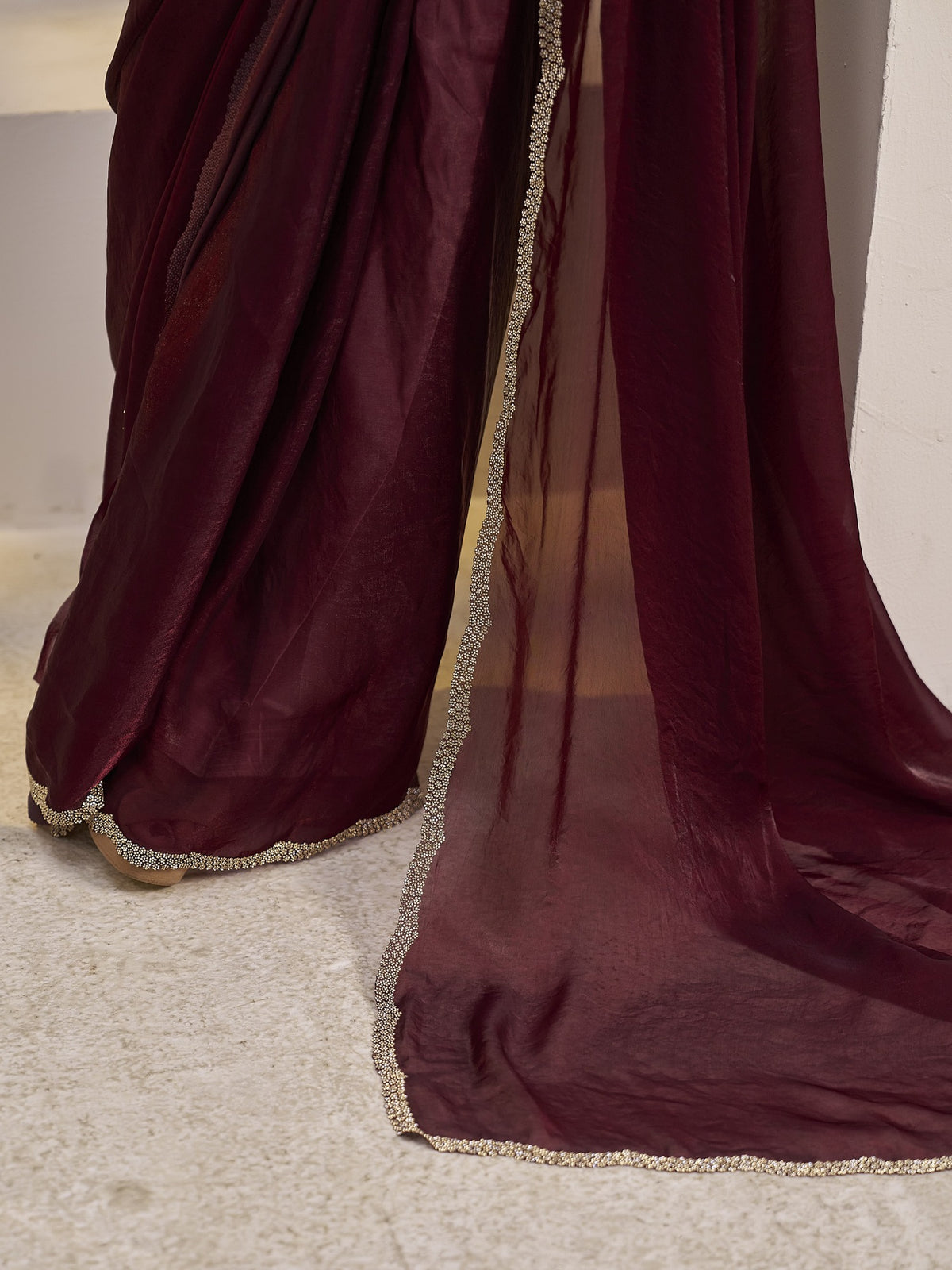 Maroon satin silk saree view 6