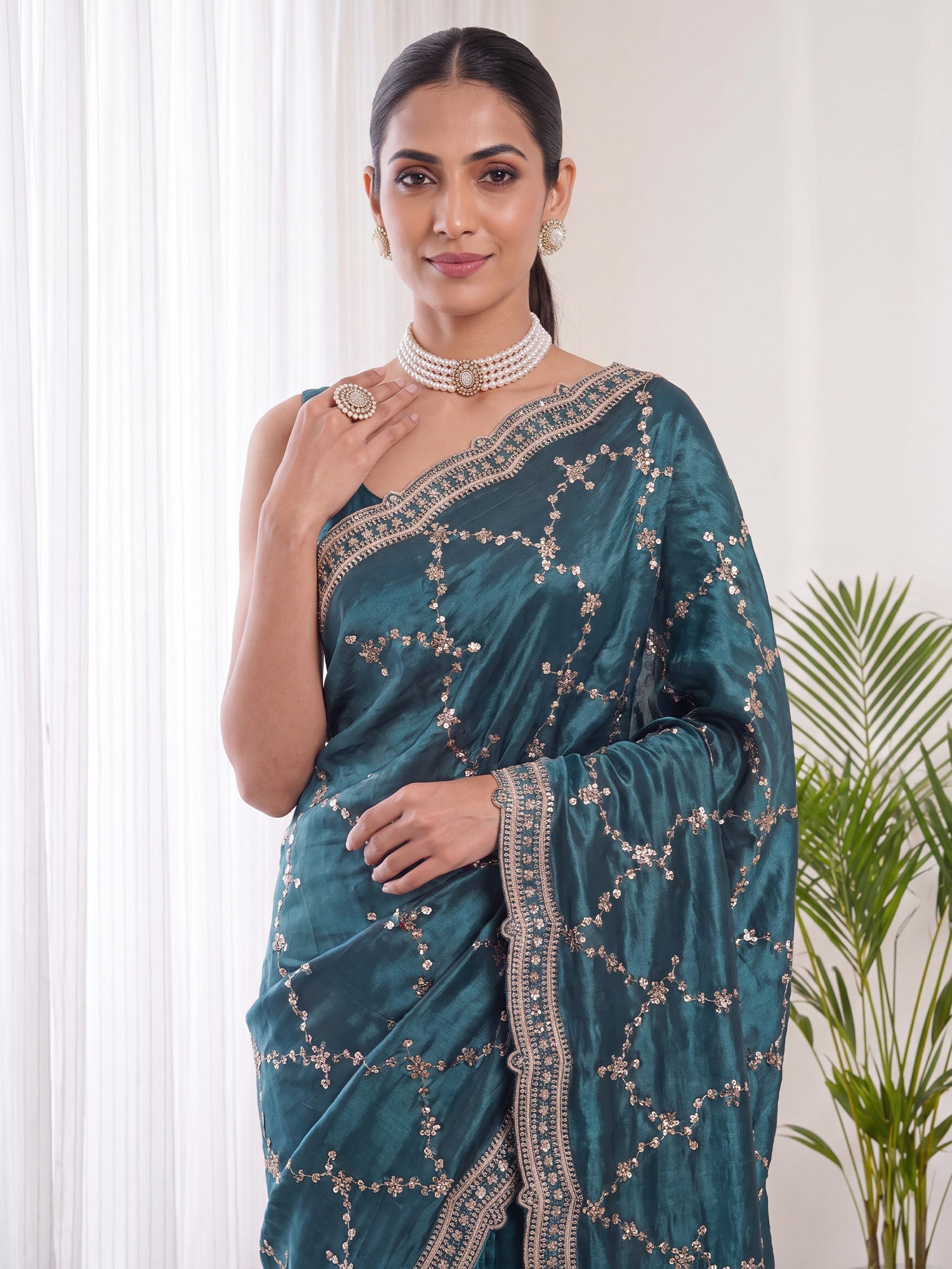 Teal Green Satin saree – detail view 4