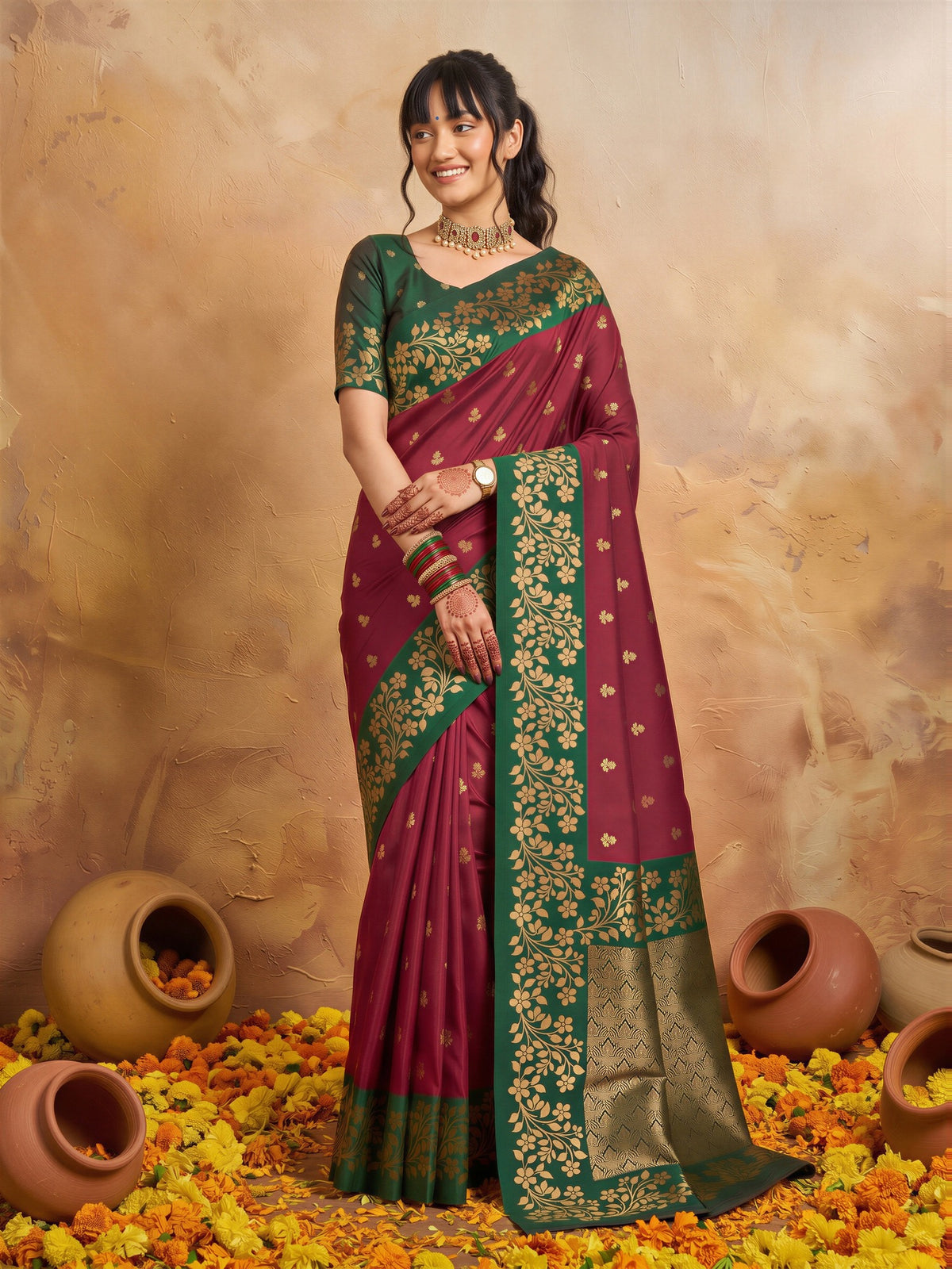 Maroon Cotton Blend saree – detail view 3