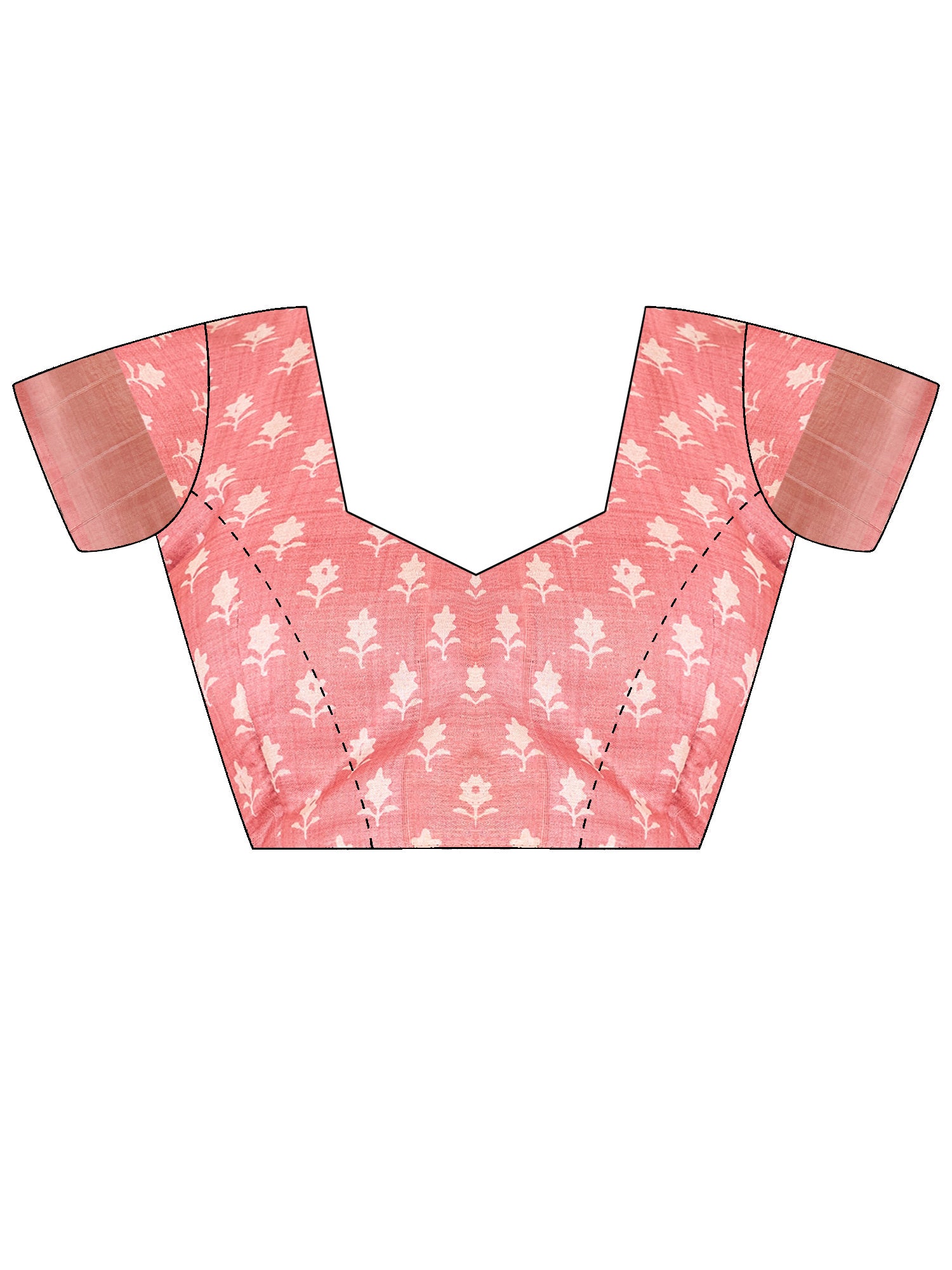 Unstitched peach satin silk blouse piece with ethnic motif design
