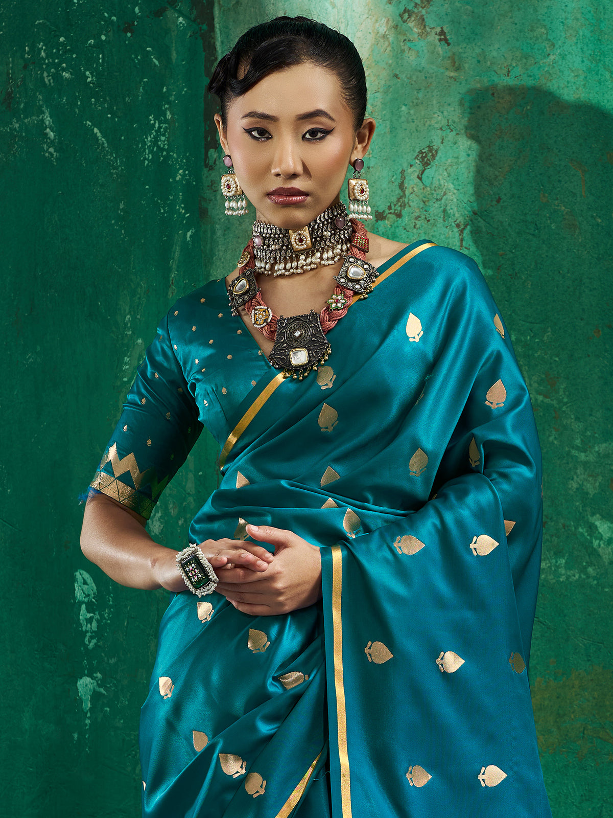 Teal Blue Satin Silk saree – detail view 3