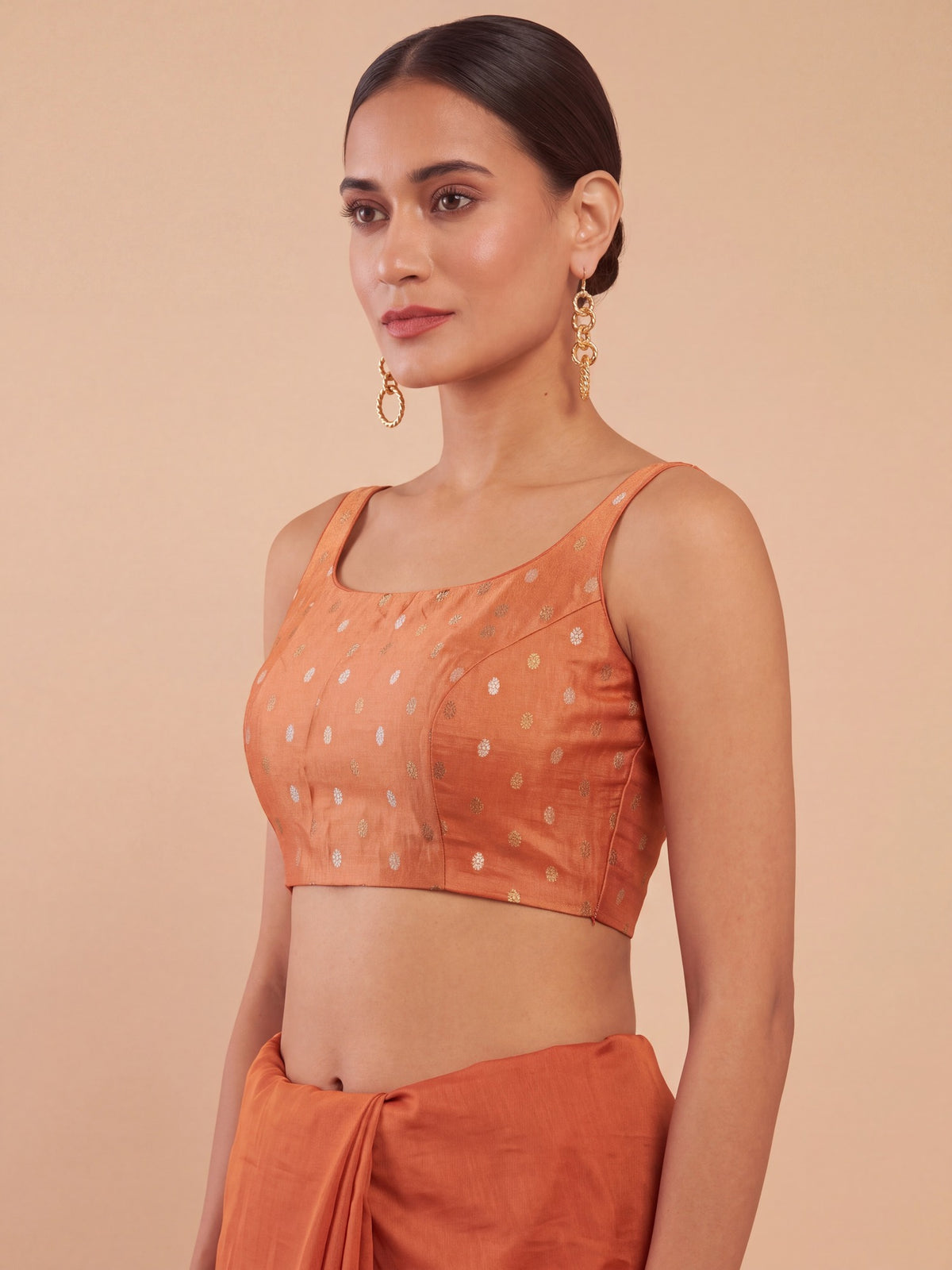Orange zari woven georgette sleeveless readymade saree blouse with round neck view 3
