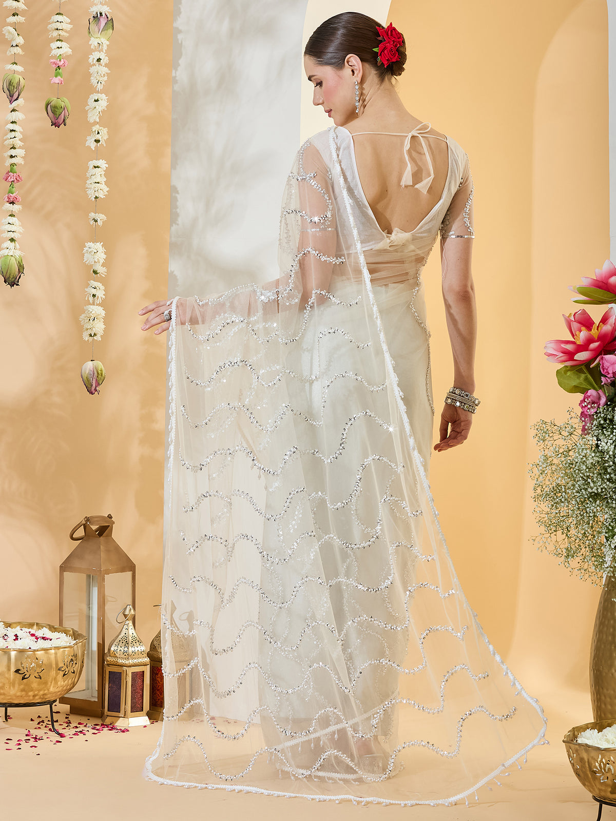 Off White Net saree – detail view 1