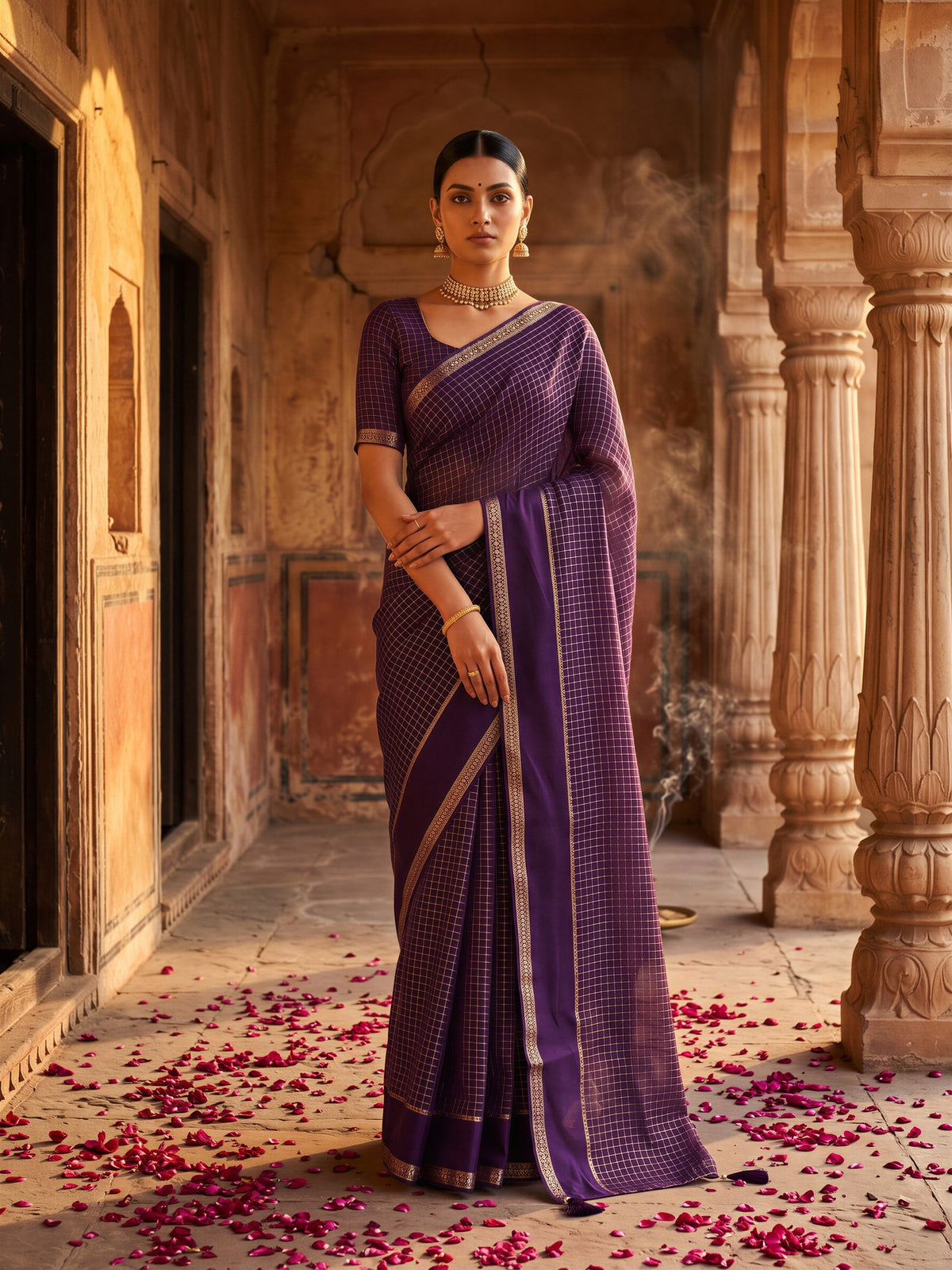 Woman wearing purple viscose saree with checked pattern design and purple blouse