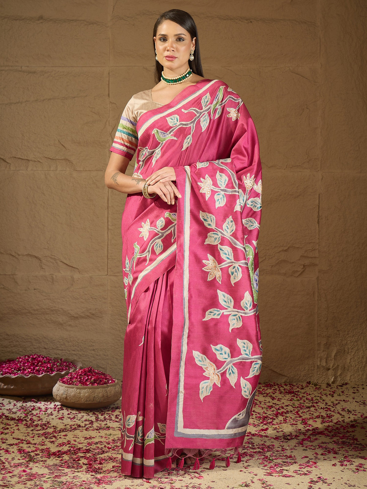 Pink ethnic motif art silk saree with beige blouse piece