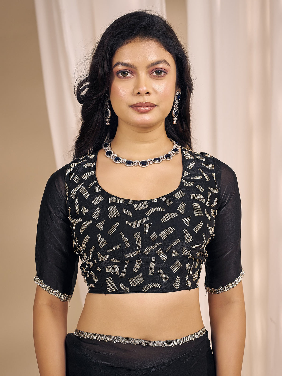 Black satin silk saree view 5