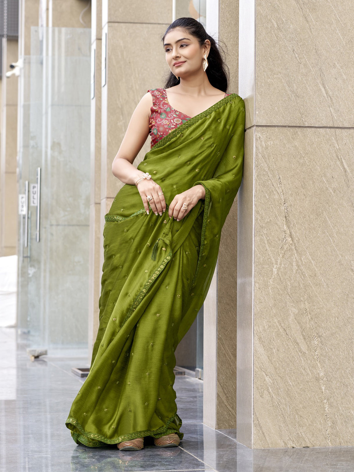Green Satin Silk saree – detail view 2