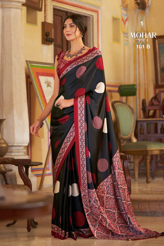 Deep Black Polka Dot Saree with Ajrakh Border