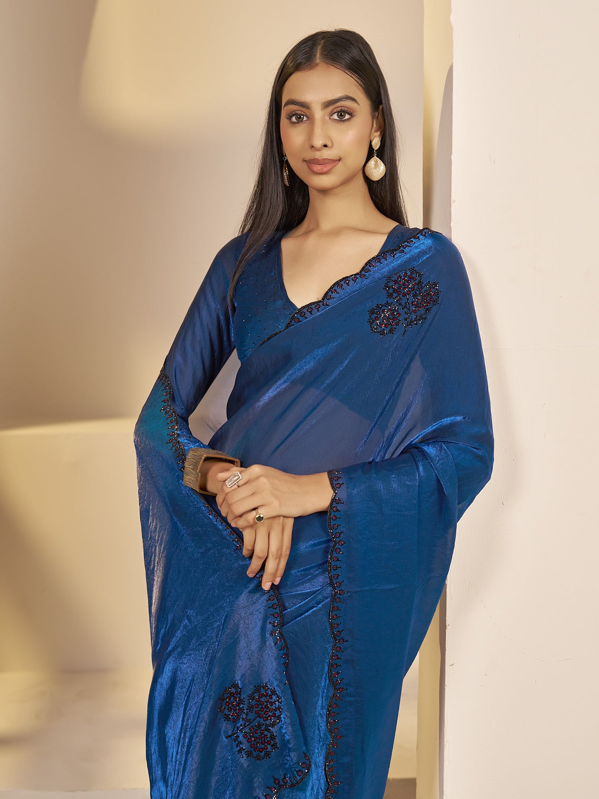 Teal Blue satin silk saree view 3