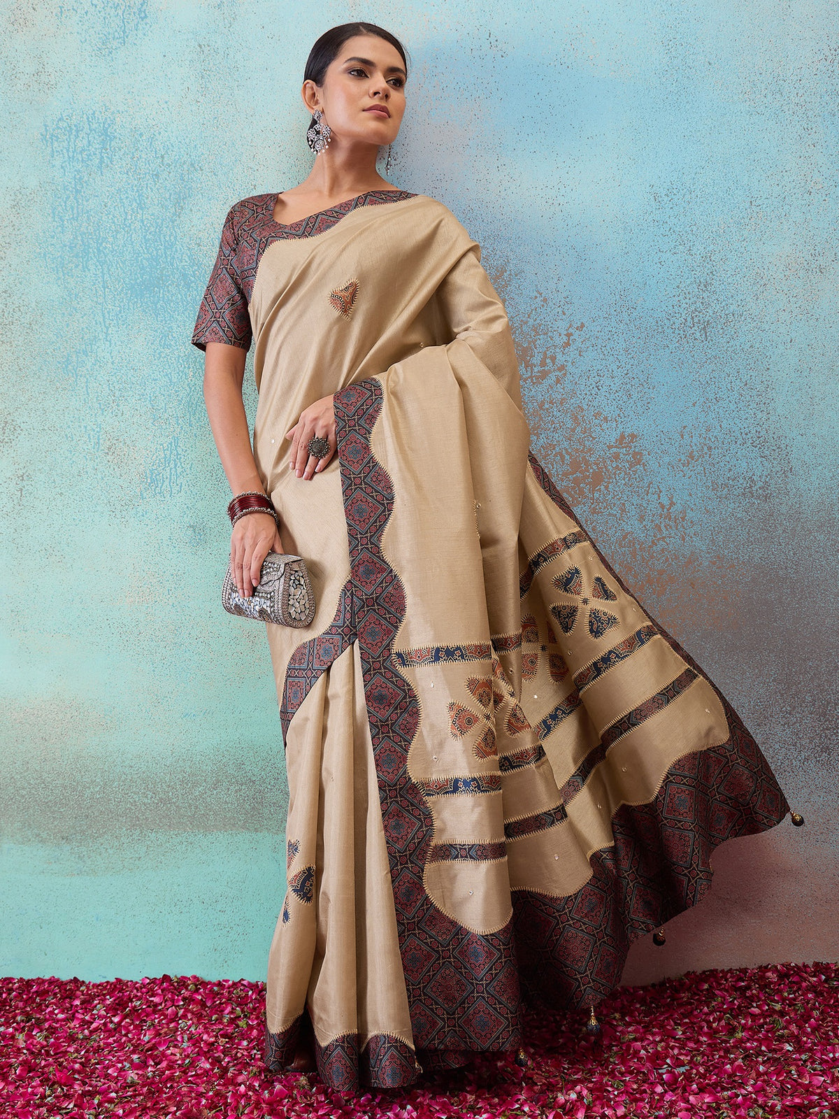 Light Brown silk blend saree view 4