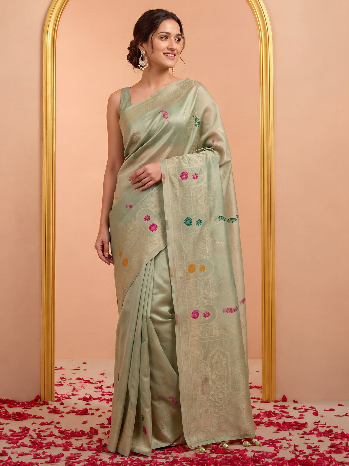 Sea Green woven design silk blend saree with sea green blouse piece