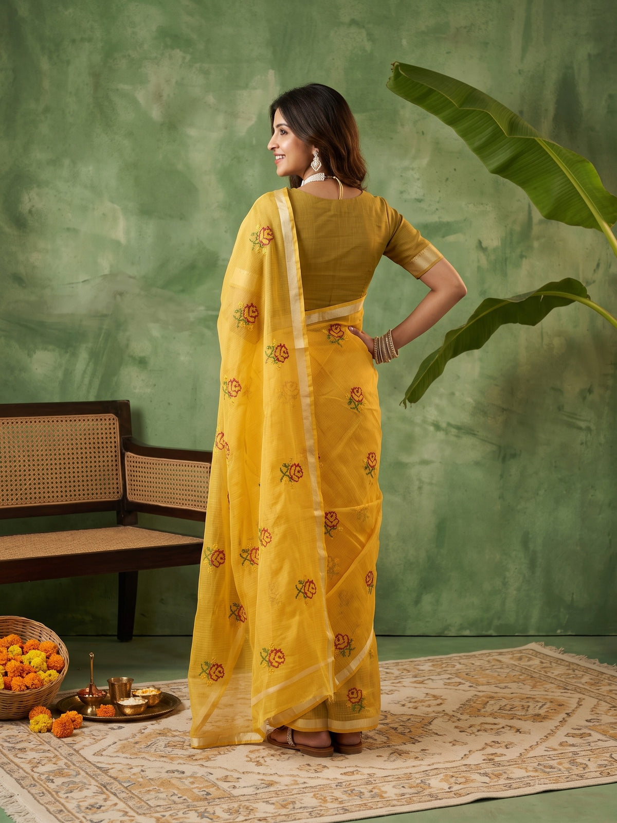 Yellow Kota Doria Cotton saree – detail view 3