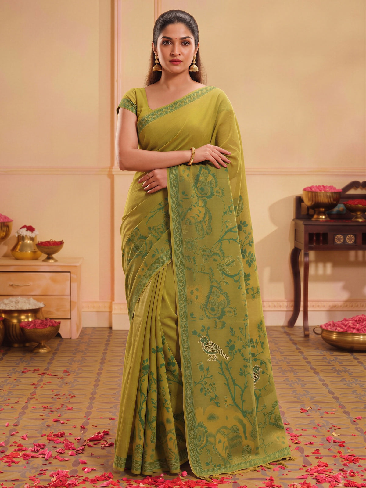 Olive silk blend saree view 3