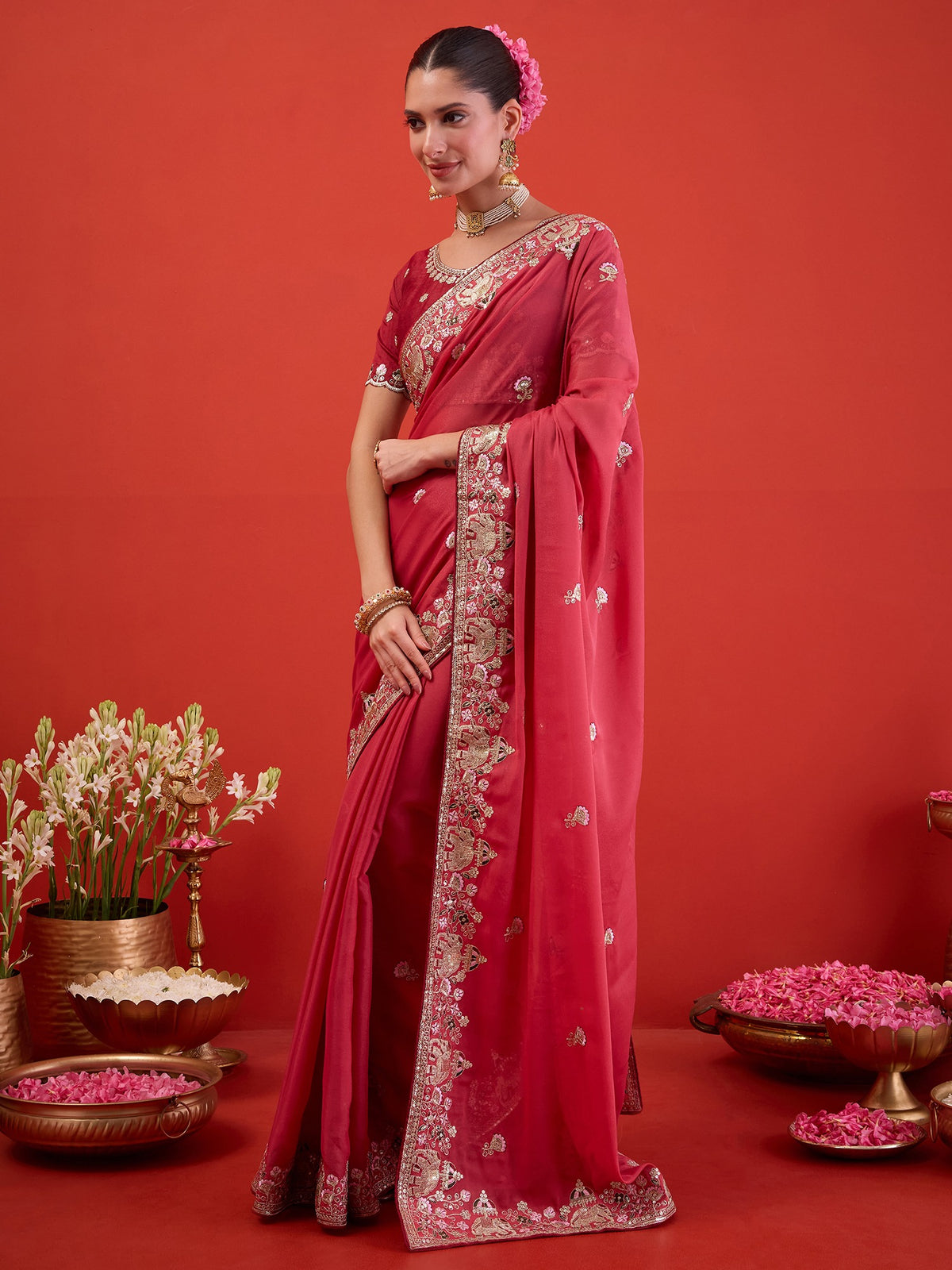 Pink Georgette saree – detail view 2