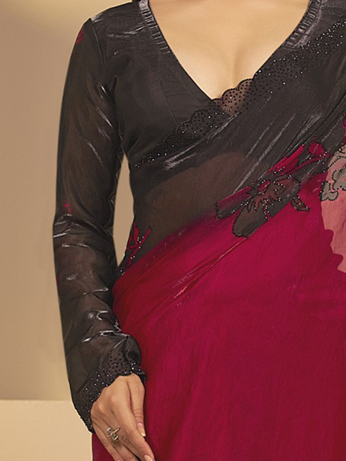 Unstitched black satin silk blouse piece with embellished design