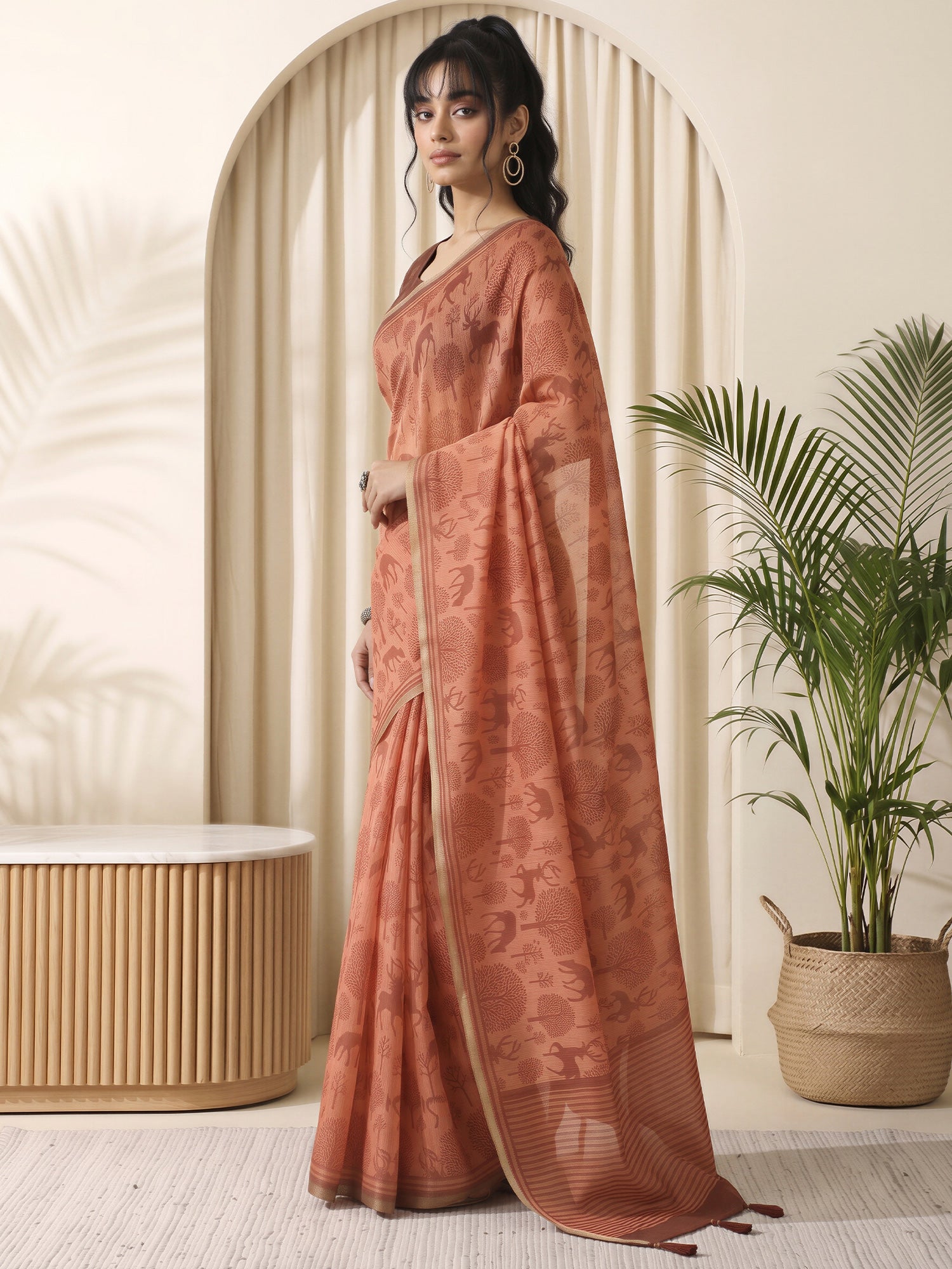 Rust Cotton Linen saree – detail view 2