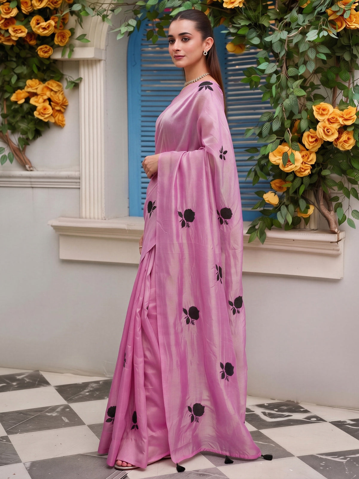 Pink satin saree view 2