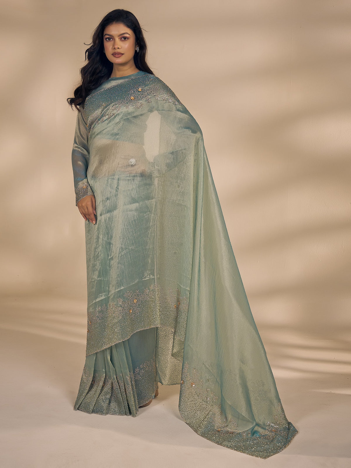 Light Blue organza saree view 3