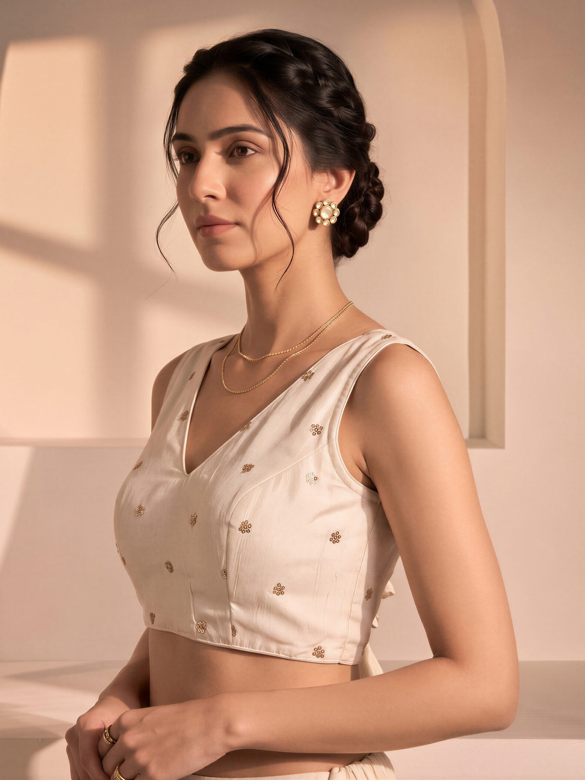 White sequin embellished vichitra silk sleeveless readymade saree blouse with v neck view 2