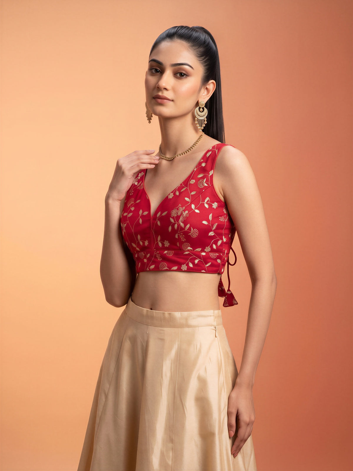 Red sequin embellished silk blend sleeveless readymade saree blouse with v neck view 3