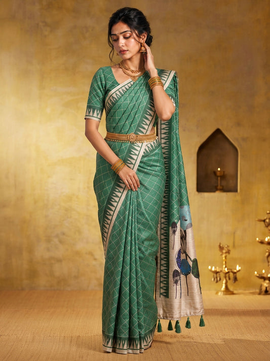 Light Green geometric soft silk saree with light green blouse piece