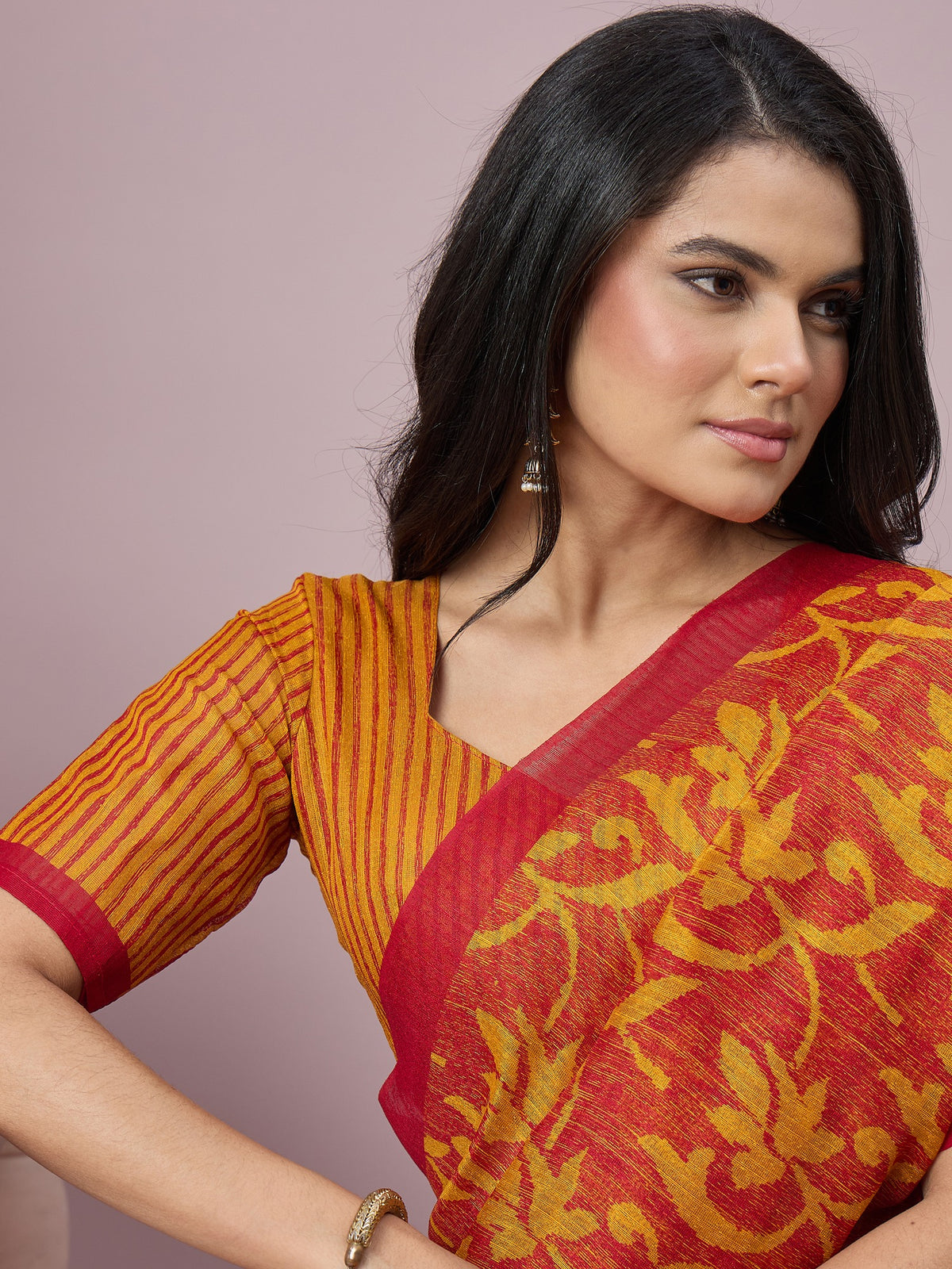 Mustard cotton slub saree view 6