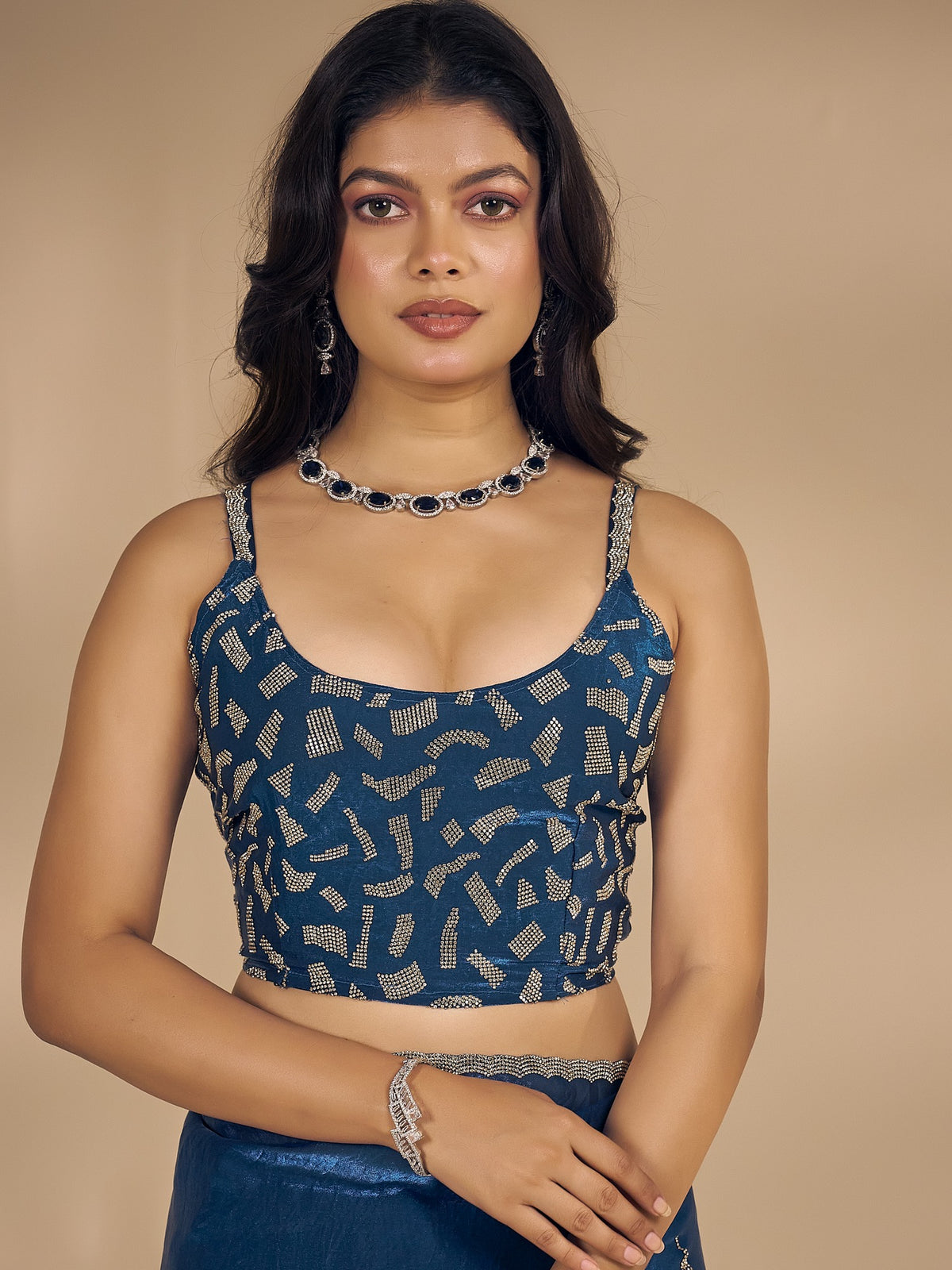Teal Blue satin silk saree view 4