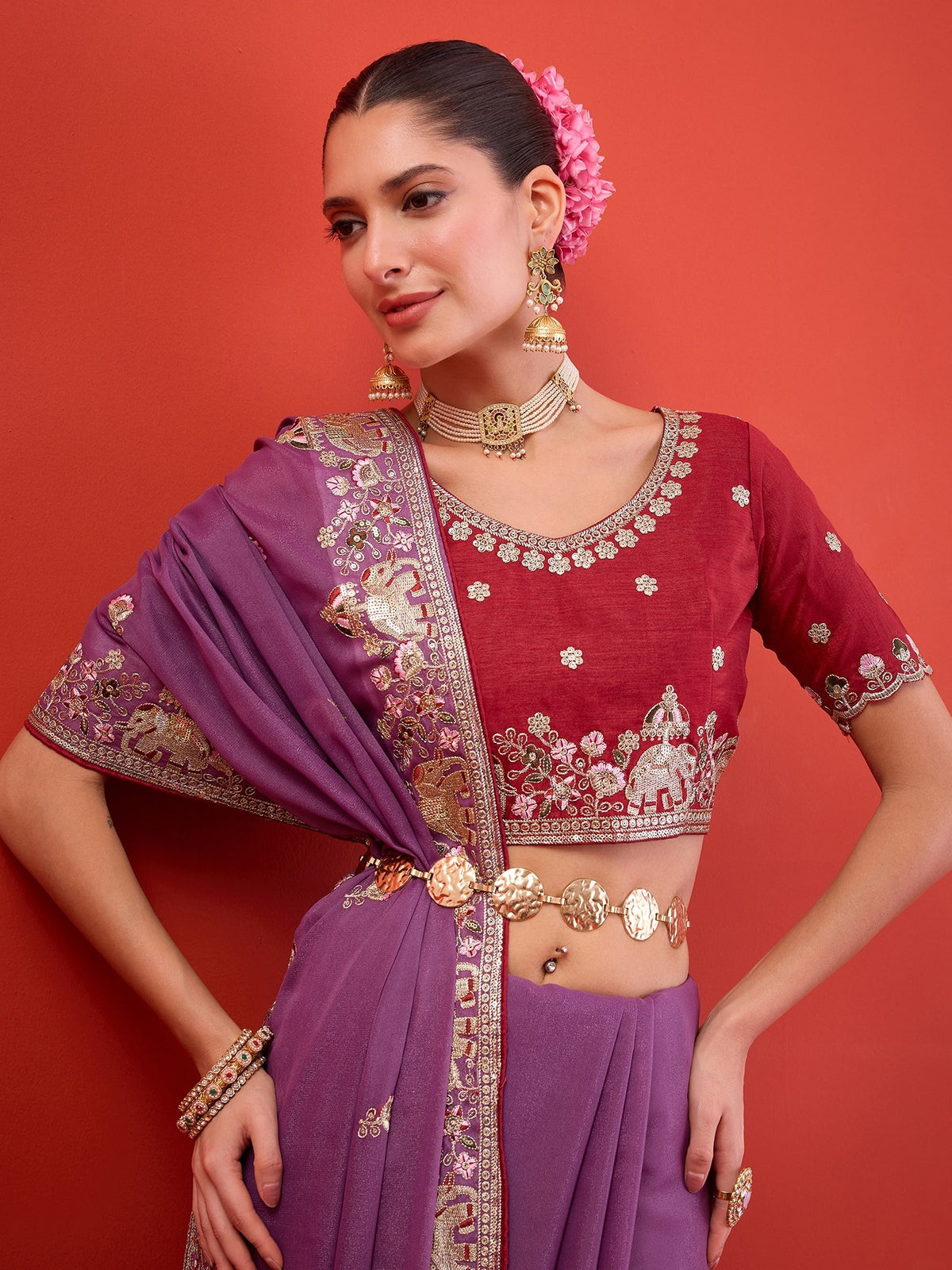 Lavender Georgette saree – detail view 3