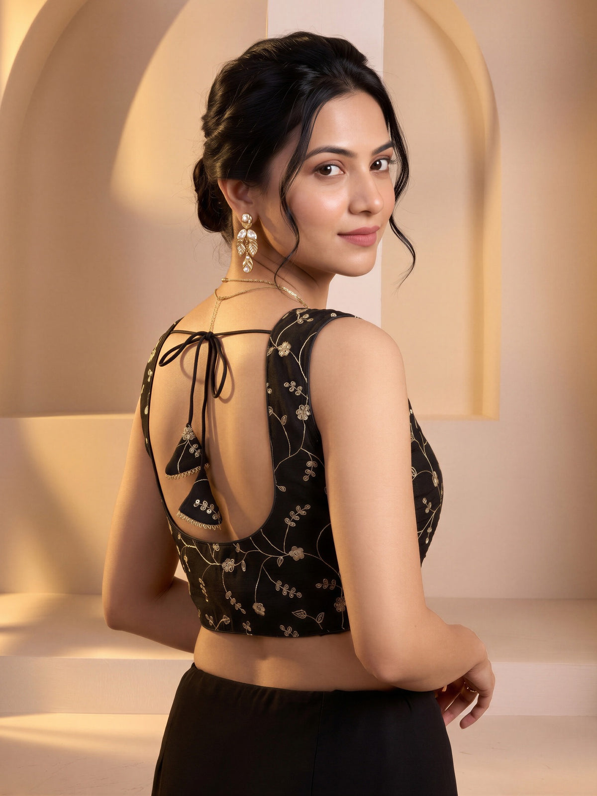 Black sequin embroidered vichitra silk sleeveless readymade saree blouse with round neck view 1