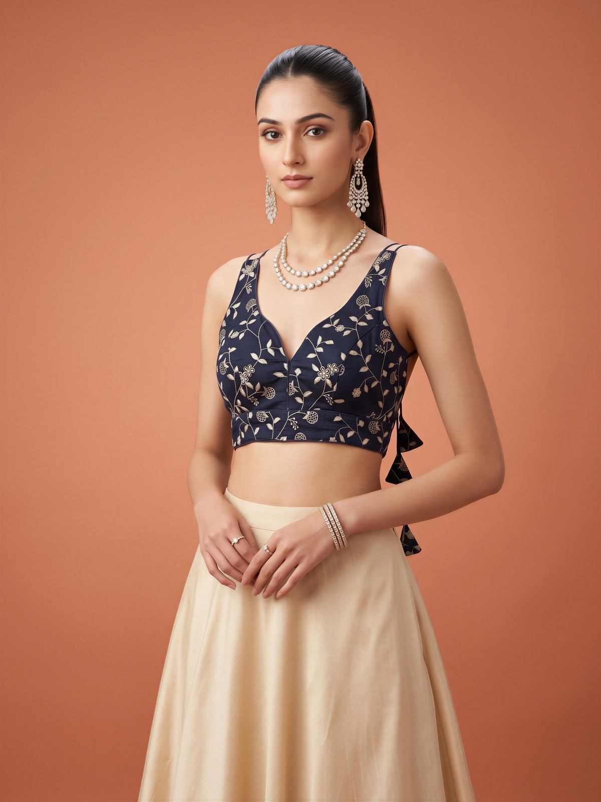 Navy Blue sequin embellished silk blend sleeveless readymade saree blouse with v neck