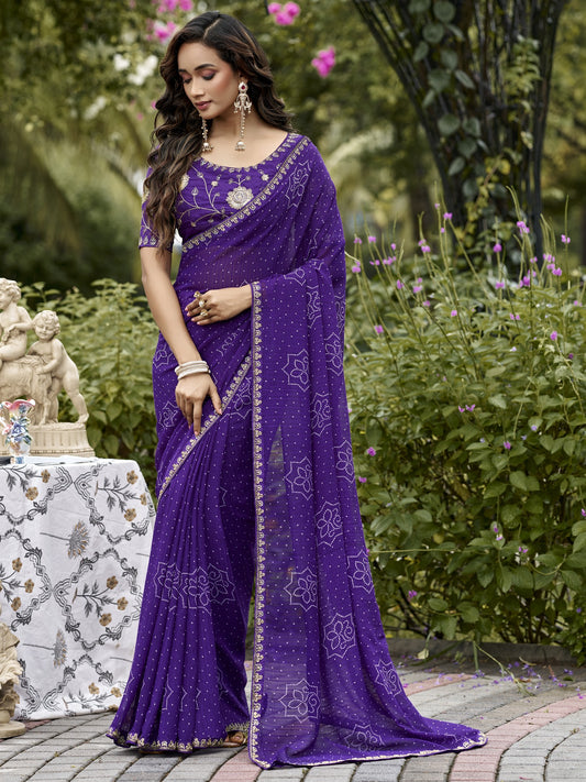 Violet bandhani georgette saree with violet blouse piece