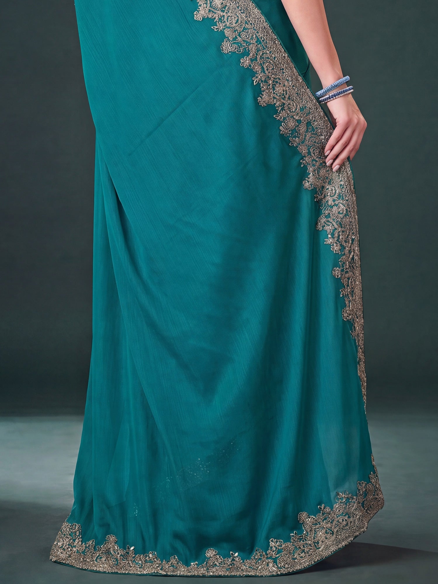 Teal Green Pure Chiffon saree – detail view 5