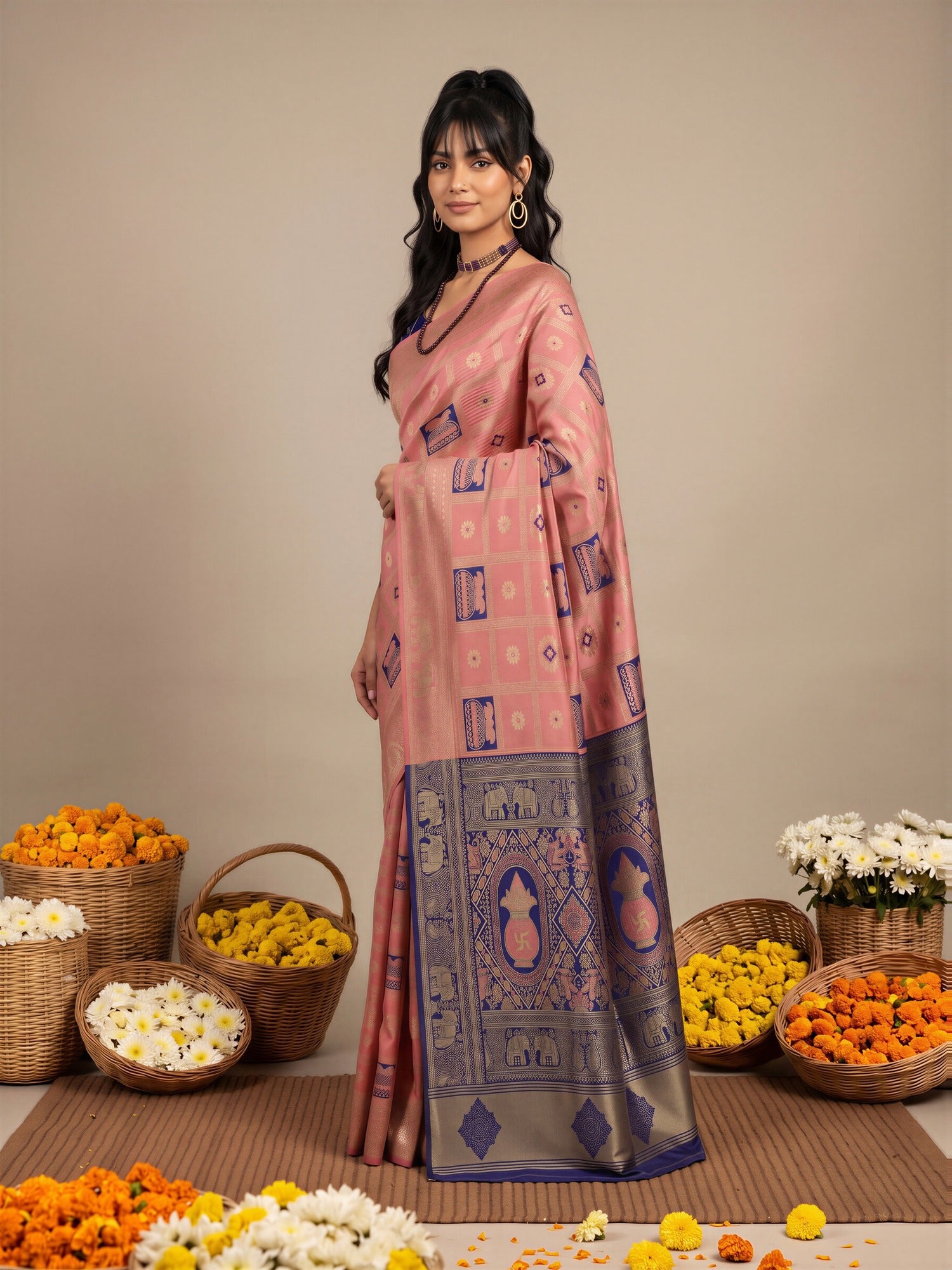 Peach Litchi Silk saree – detail view 2