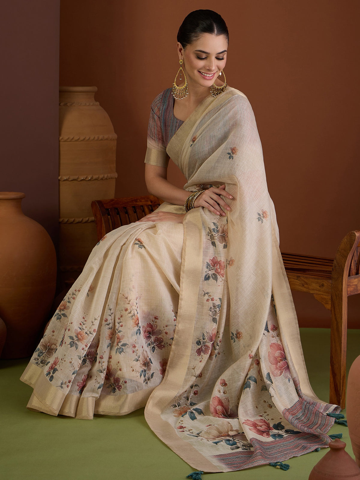 Beige linen blend saree view 6