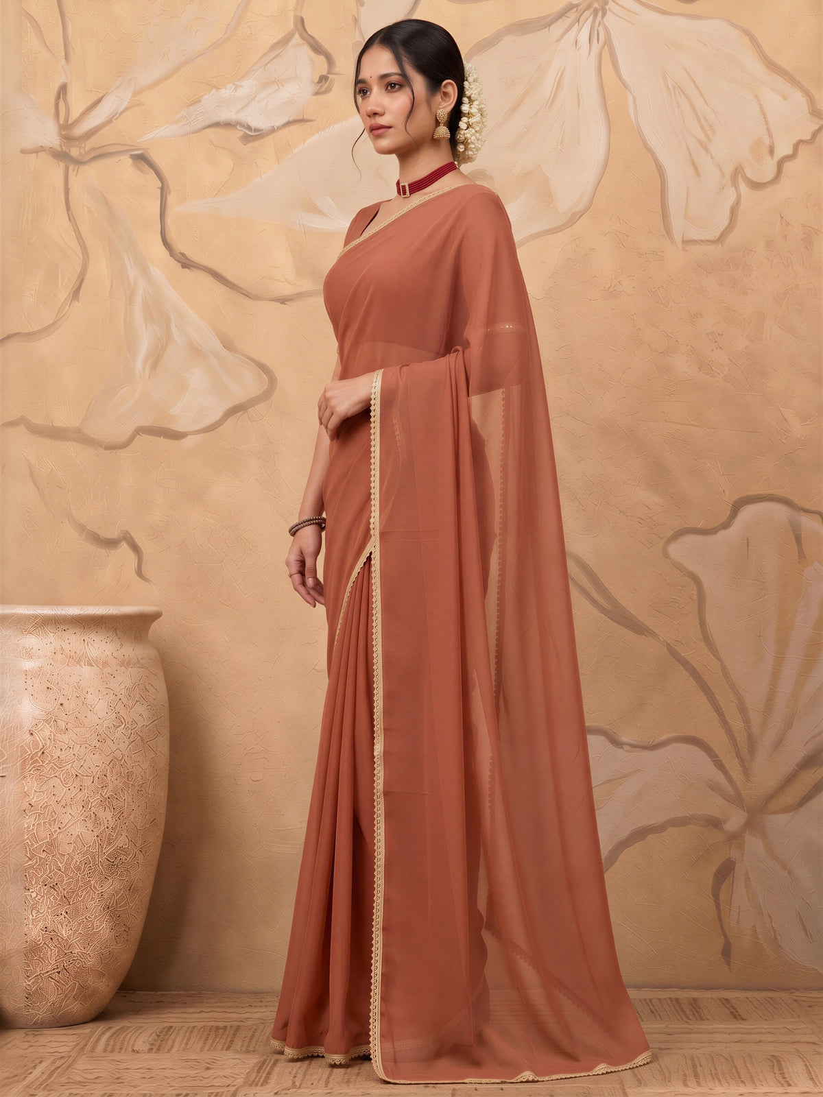 Rust satin silk saree view 2