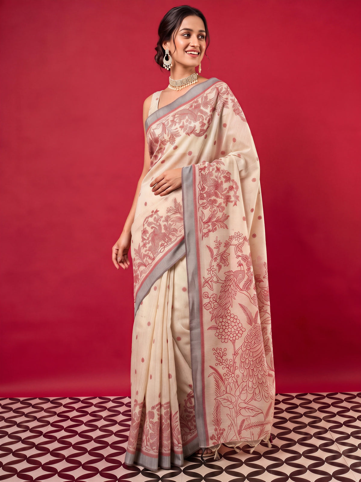 Beige silk blend saree view 2