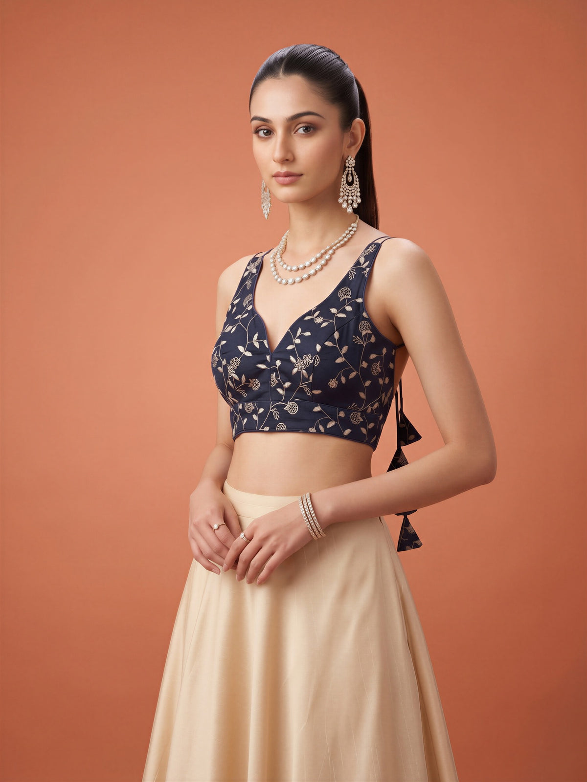 Navy Blue sequin embellished silk blend sleeveless readymade saree blouse with v neck view 2