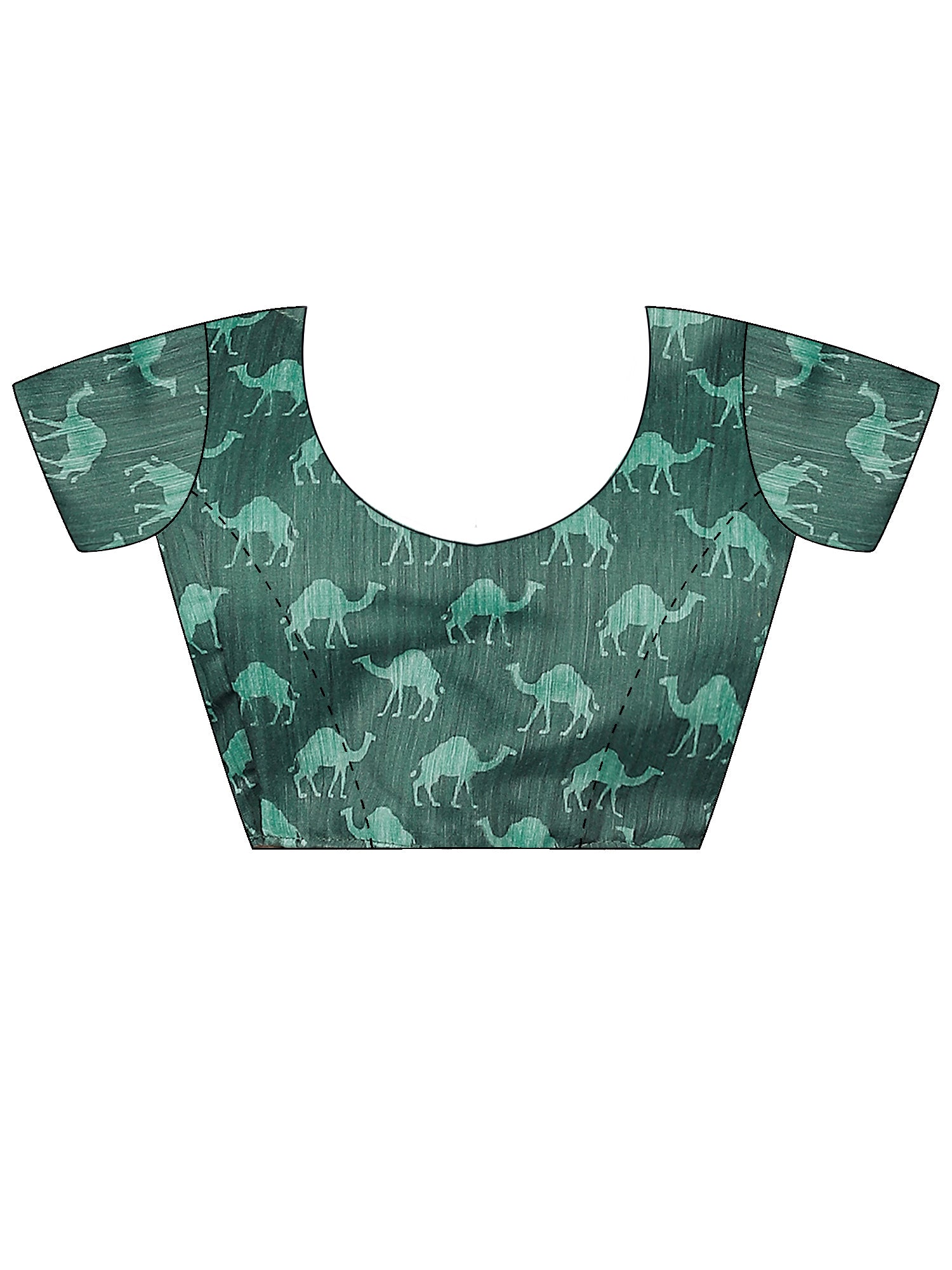 Unstitched teal green cotton linen blouse piece with ethnic motif design