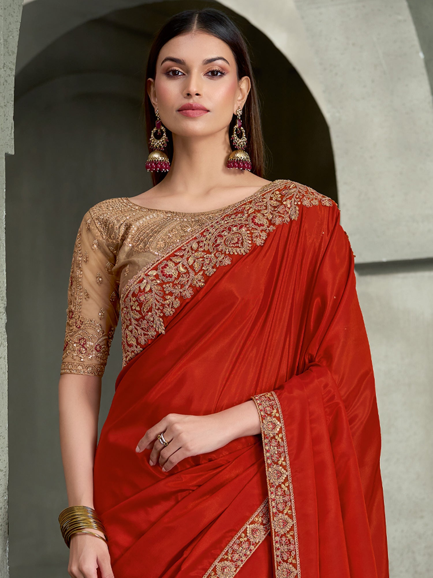 Orange Crepe saree – detail view 2