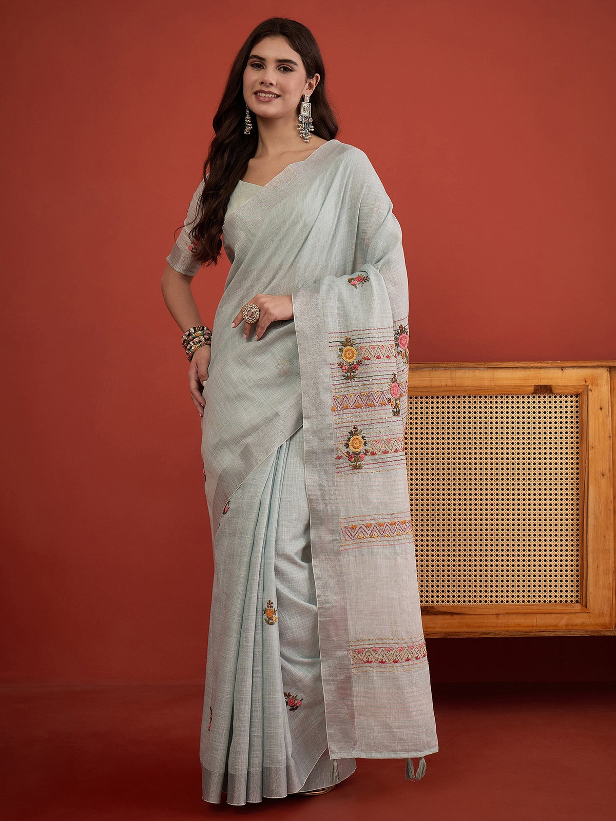 Light Blue embroidered linen blend saree with light blue blouse piece