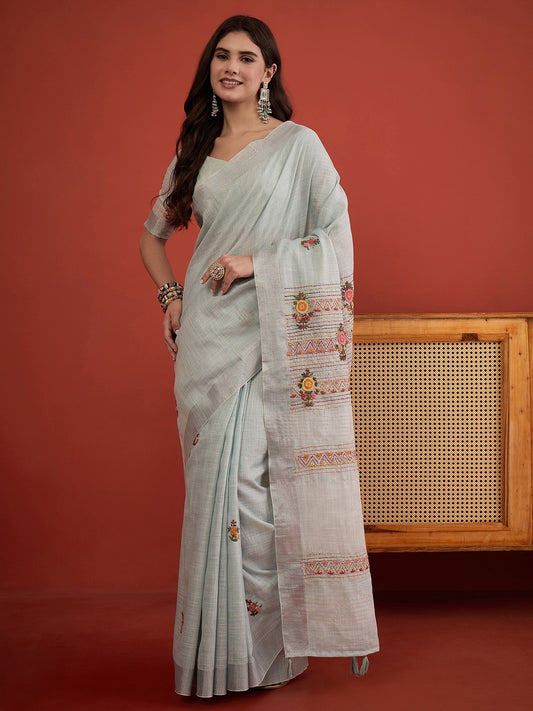 Light Blue embroidered linen blend saree with light blue blouse piece