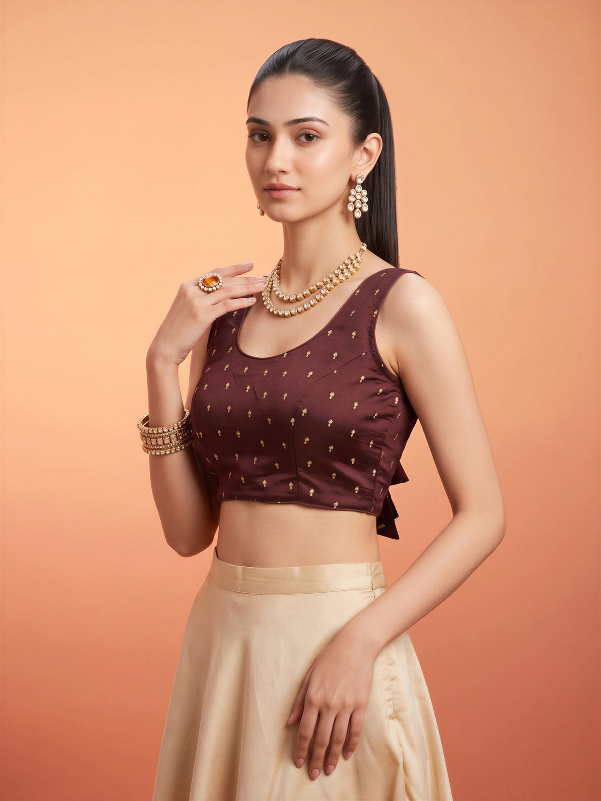 Brown sequin embellished silk blend sleeveless readymade saree blouse with round neck view 3
