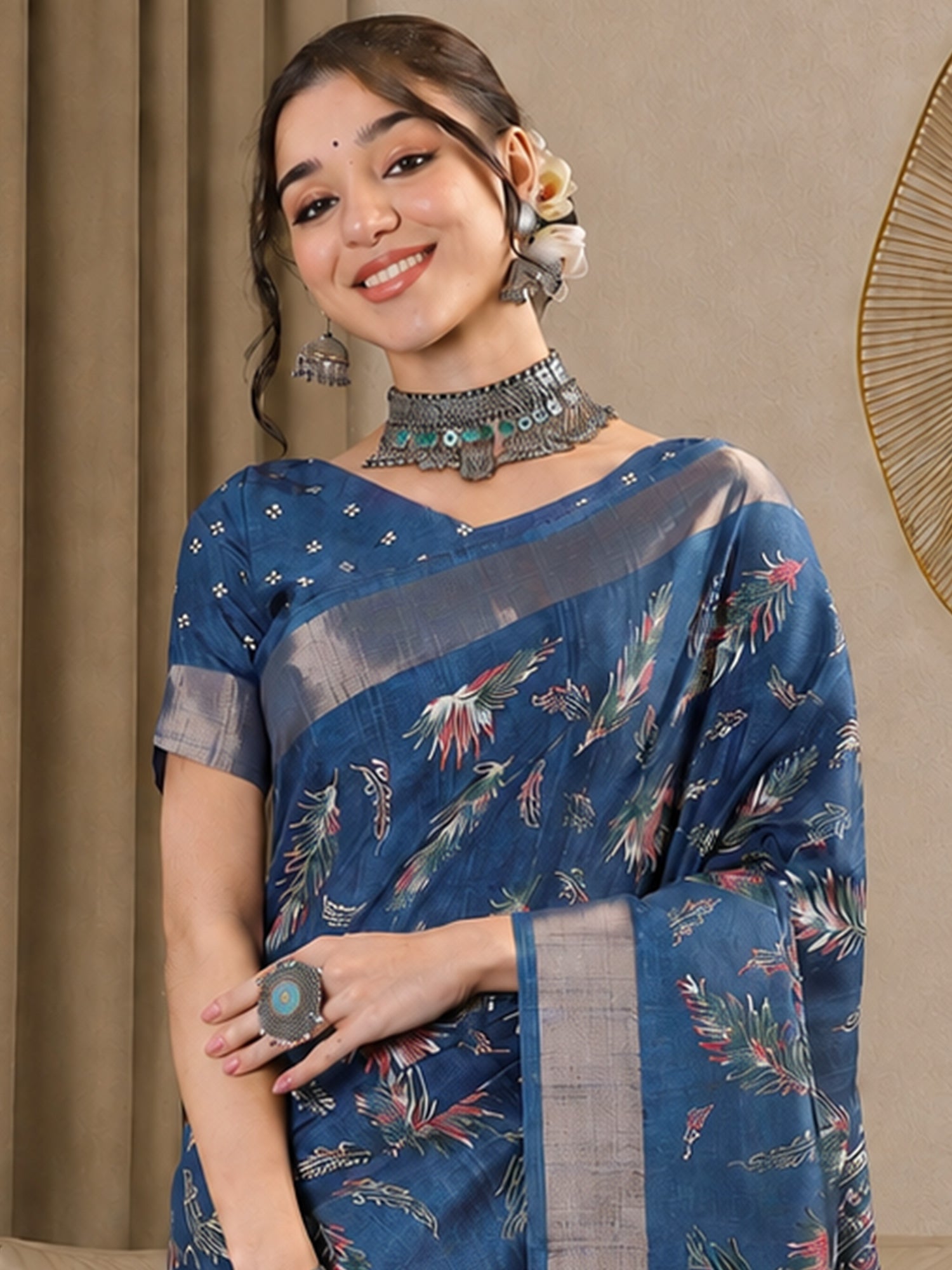 Teal Blue Silk Blend saree – detail view 3