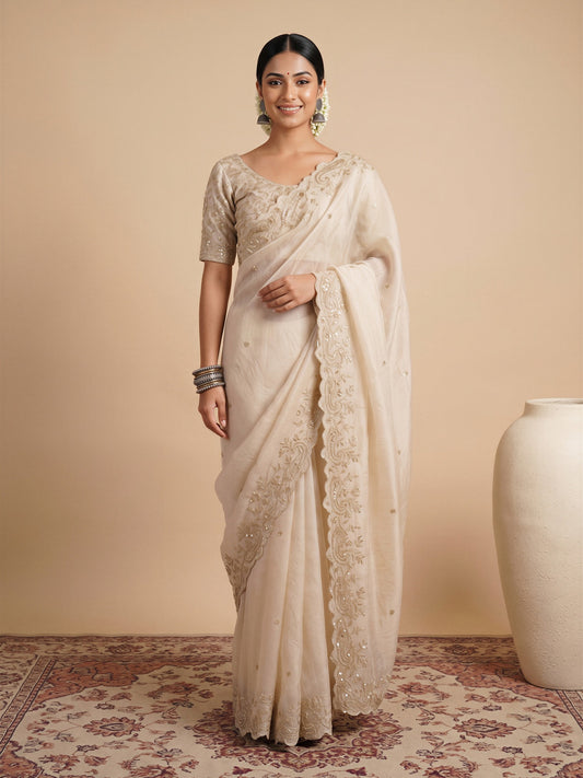 Woman wearing off white satin saree with ornamented surface design and off white blouse